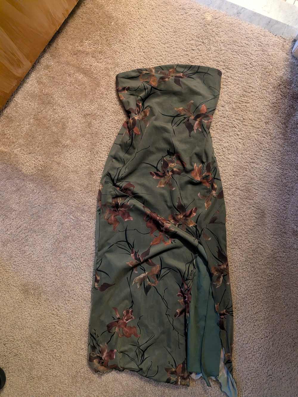 Urban Outfitters Olive Green Strapless Floral Maxi Dress